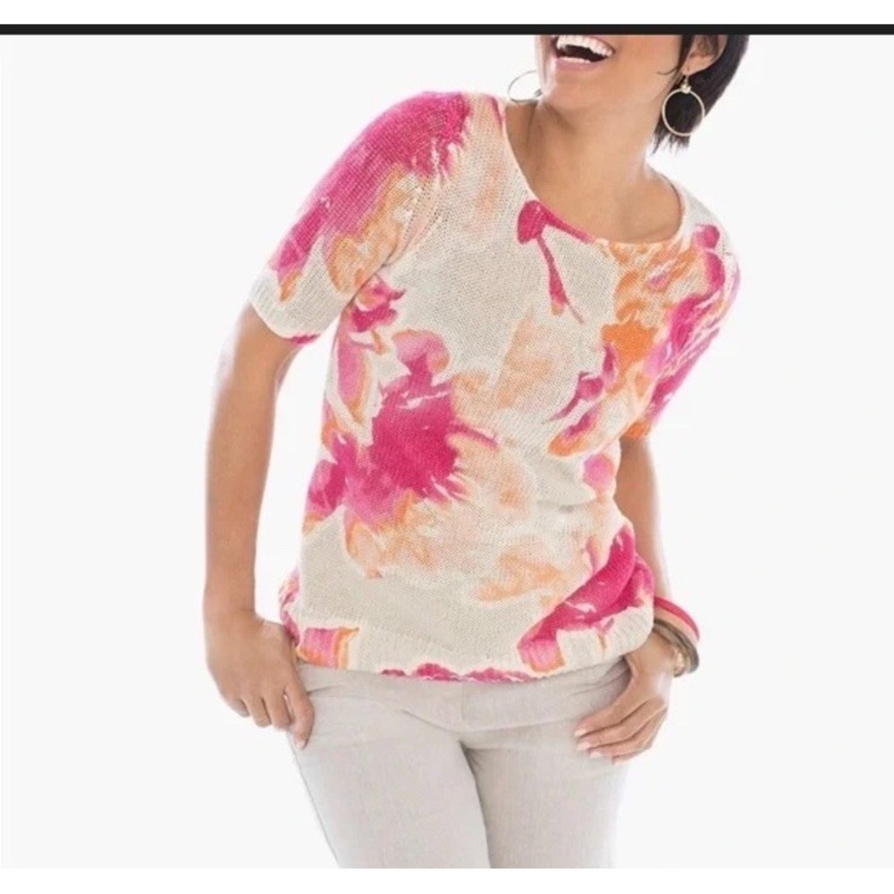 Chicos Sweater Women's Small Tan/Peach Floral Print Linen Blend Loose Knit Top